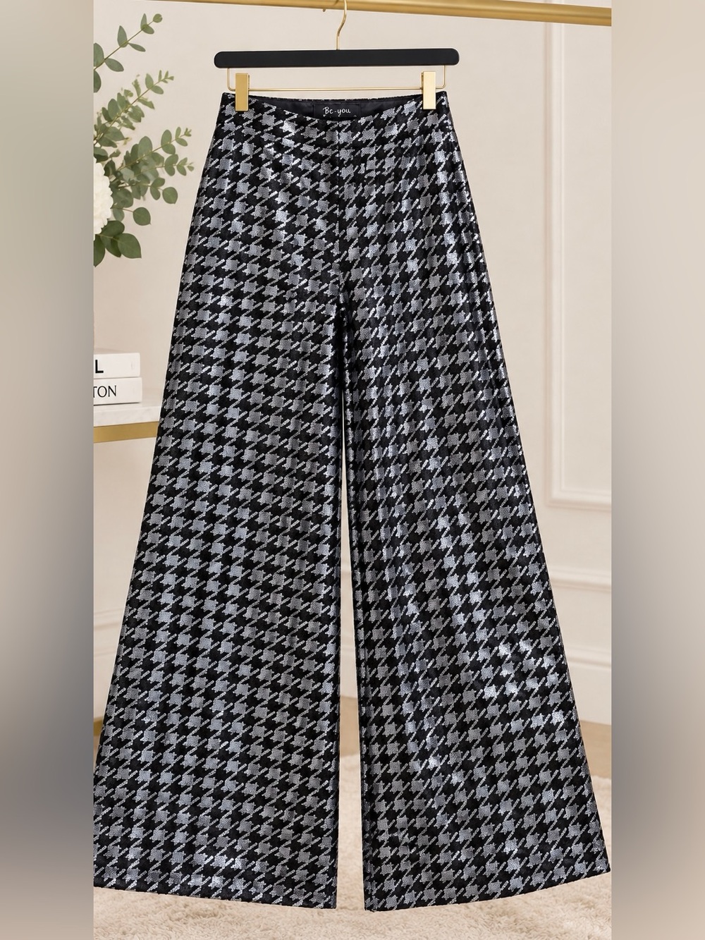Wide-Leg Houndstooth Pants - Black & Gray
